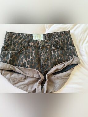One Teaspoon Cuffed Leopard Print "Bandits" Denim Shorts
